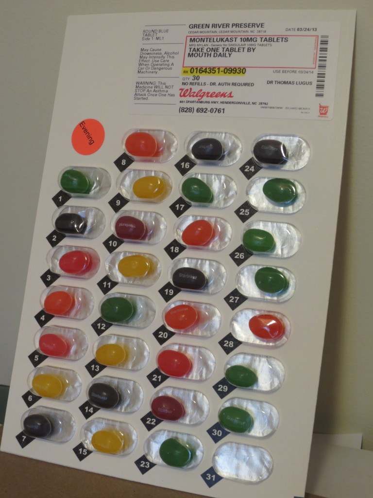 Walgreens Meds4Camp will package all daily camper medications as pictured above with the prescription label at the top. This sample was stocked with jelly beans!